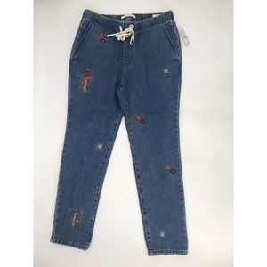 Pacsun Men's Light Wash Denim Floral Embroidered Elastic Waist Slim Jeans Medium